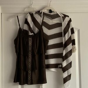 White House Black Market Brown Silk Blouse with Geometric Trim Accent